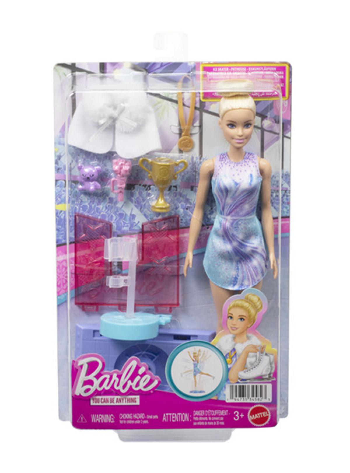 Empaque de Barbie patinadora sobre hielo con muñeca, trofeo y accesorios