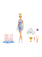 Barbie patinadora junto a su base, chaqueta, trofeo y medalla