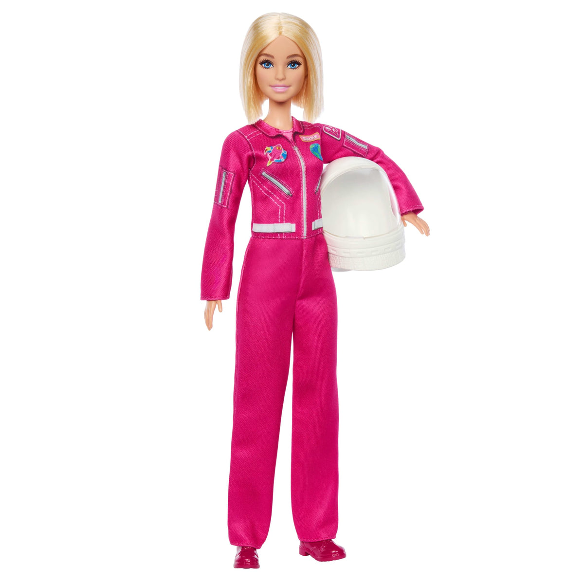 Barbie astronauta sosteniendo su casco espacial blanco bajo el brazo