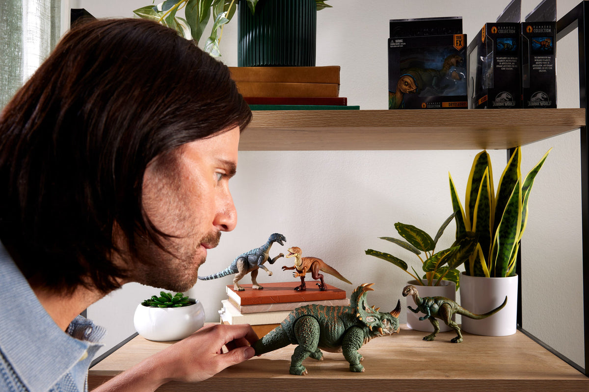 Coleccionista observando el Sinoceratops exhibido en una repisa con otros dinosaurios