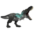 T-Rex Muscle Madness de Jurassic World gris con detalles turquesa y boca abierta