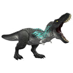 T-Rex Muscle Madness de Jurassic World gris con detalles turquesa y boca abierta