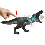 Dedo presionando el botón del T-Rex que activa mordida, rugido y músculos
