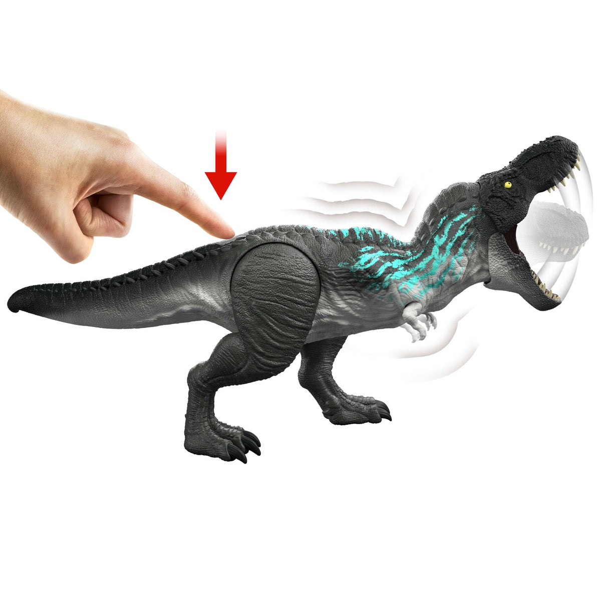 Dedo presionando el botón del T-Rex que activa mordida, rugido y músculos