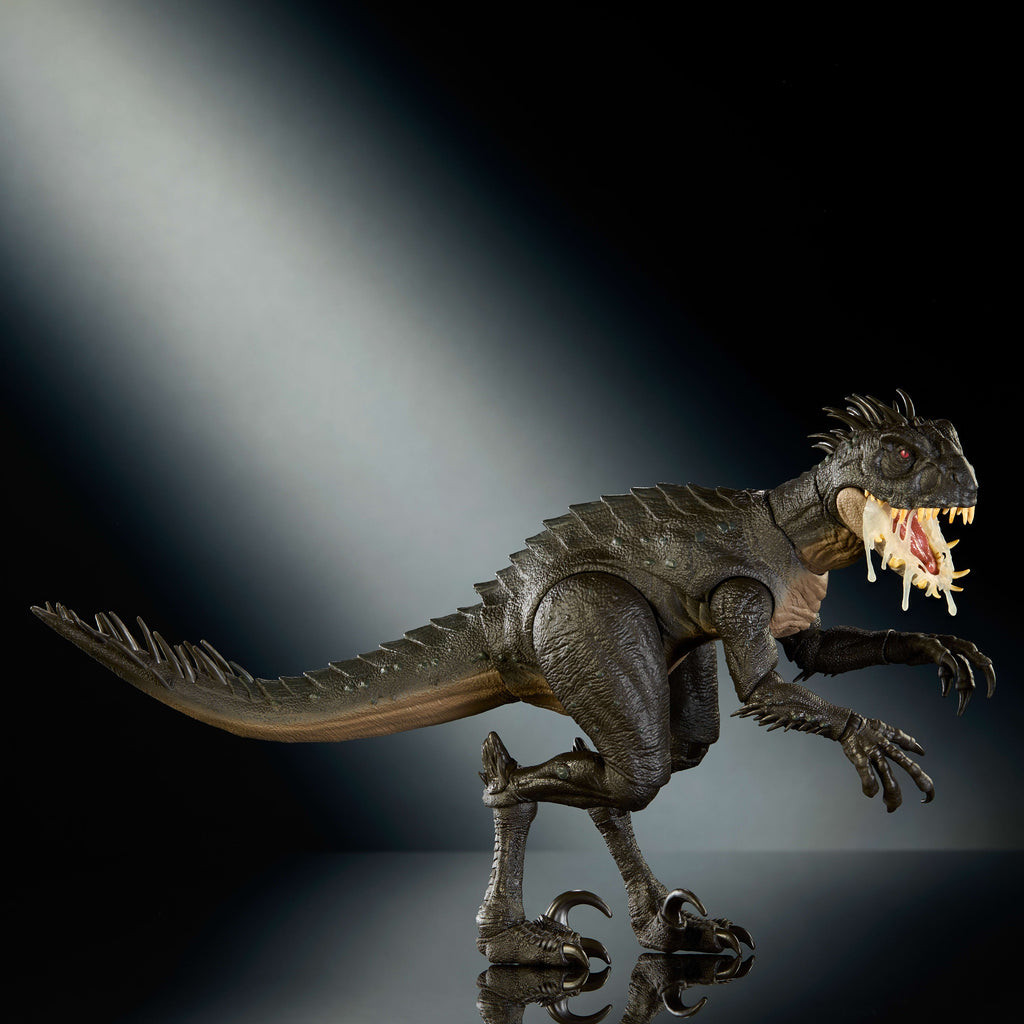 Scorpios Rex Jurassic World en posición de ataque, vista lateral
