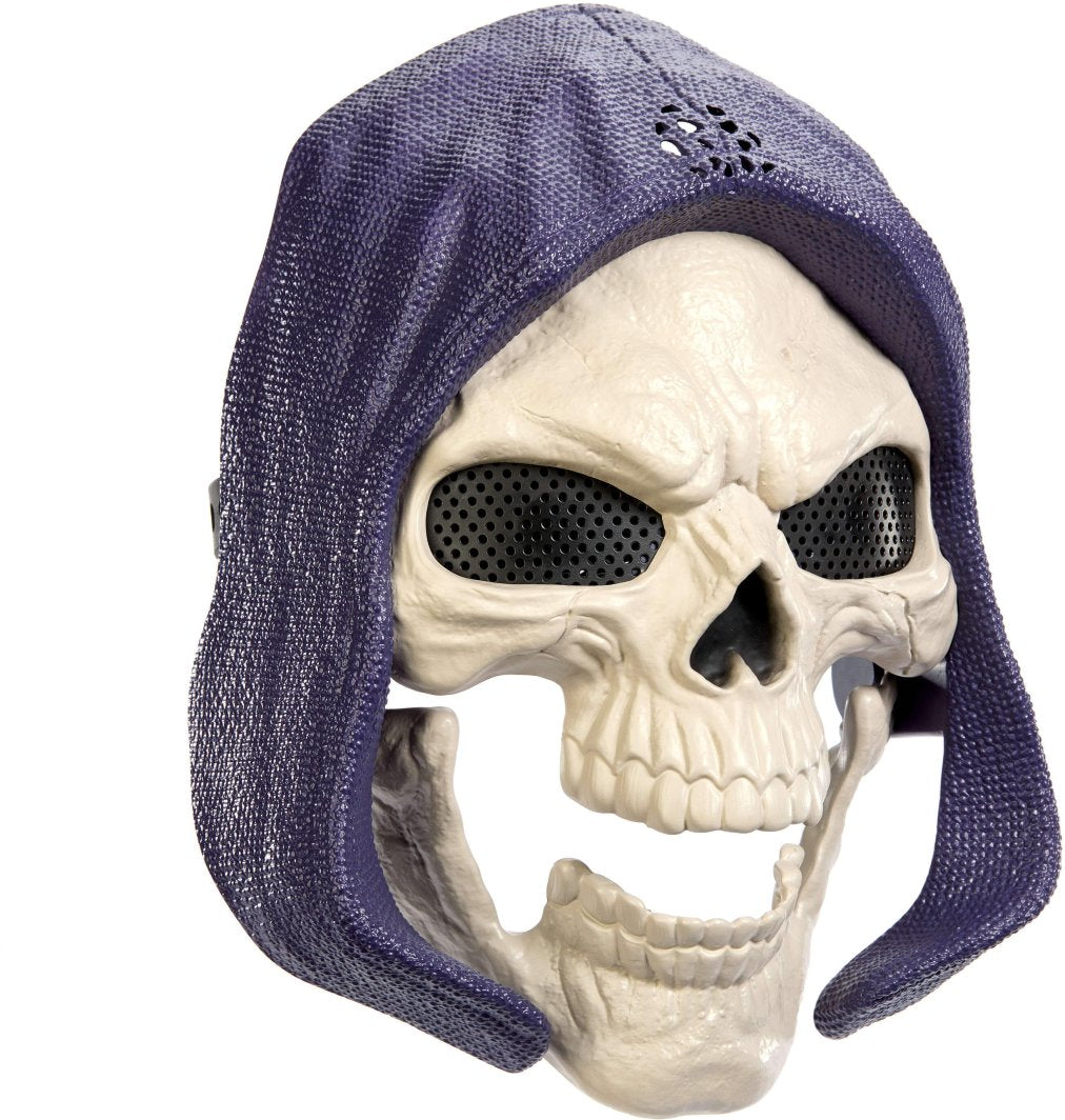 Máscara de Skeletor con capucha morada y mandíbula abierta