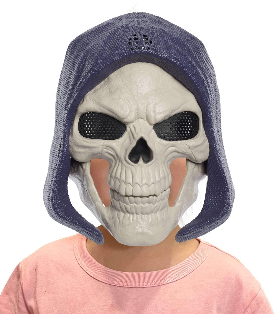 Máscara de Skeletor puesta, vista frontal con correas ajustables