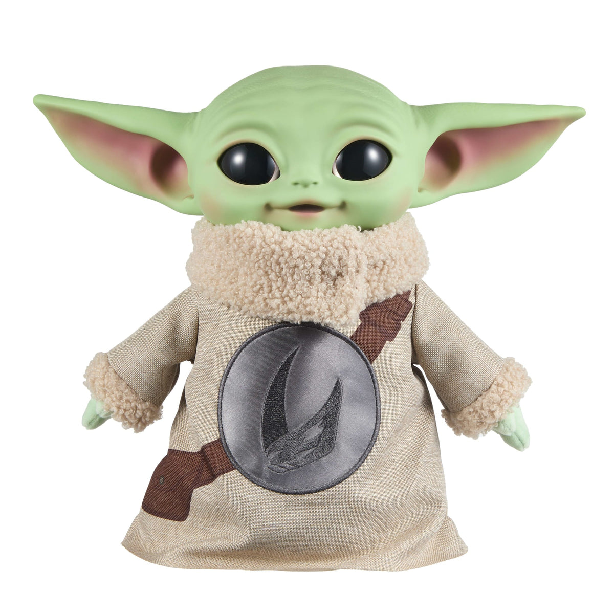 Peluche Grogu de frente con cabeza de vinilo y túnica con medallón