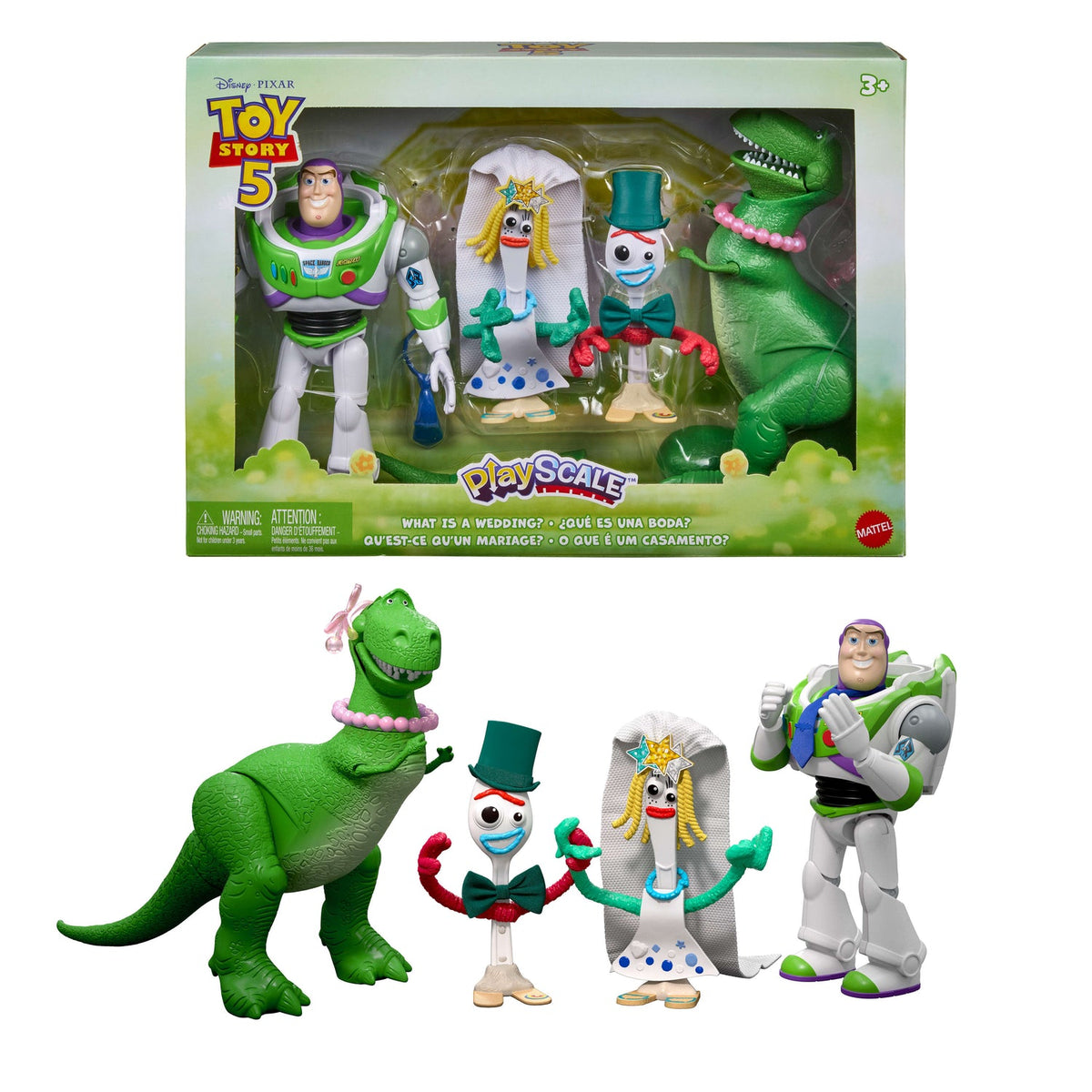 Caja y 4 figuras Toy Story 5 ¿Qué es una boda?: Rex, Forky, Karen Beverly y Buzz