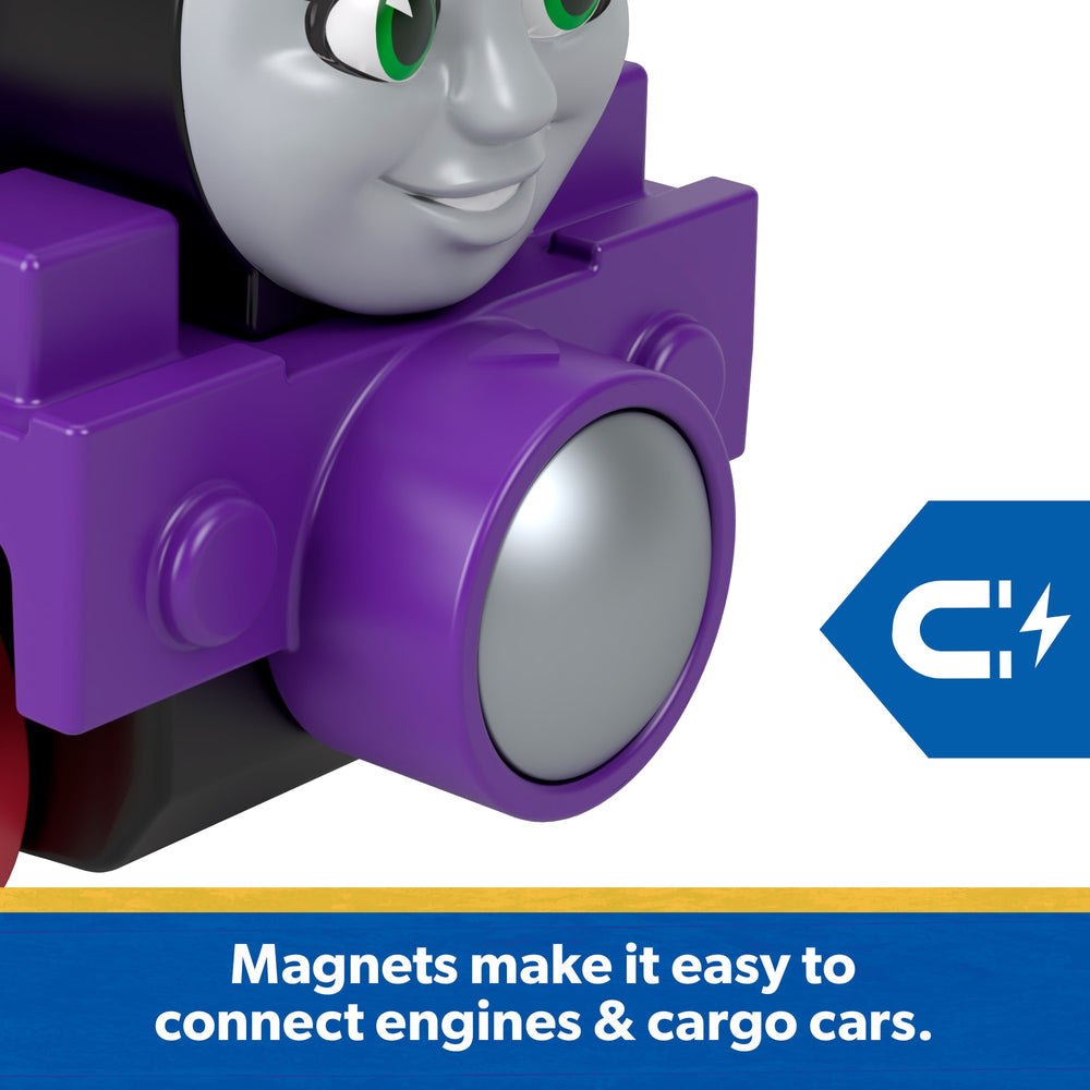 Detalle del imán frontal de una locomotora Thomas & Friends para conectar vagones