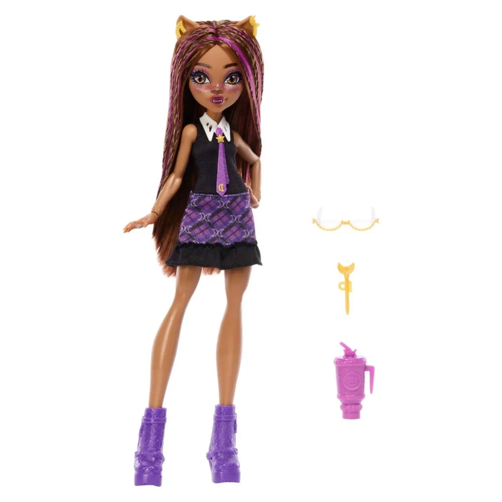 Clawdeen Wolf de cuerpo entero junto a sus accesorios: gafas, bolígrafo y bebida
