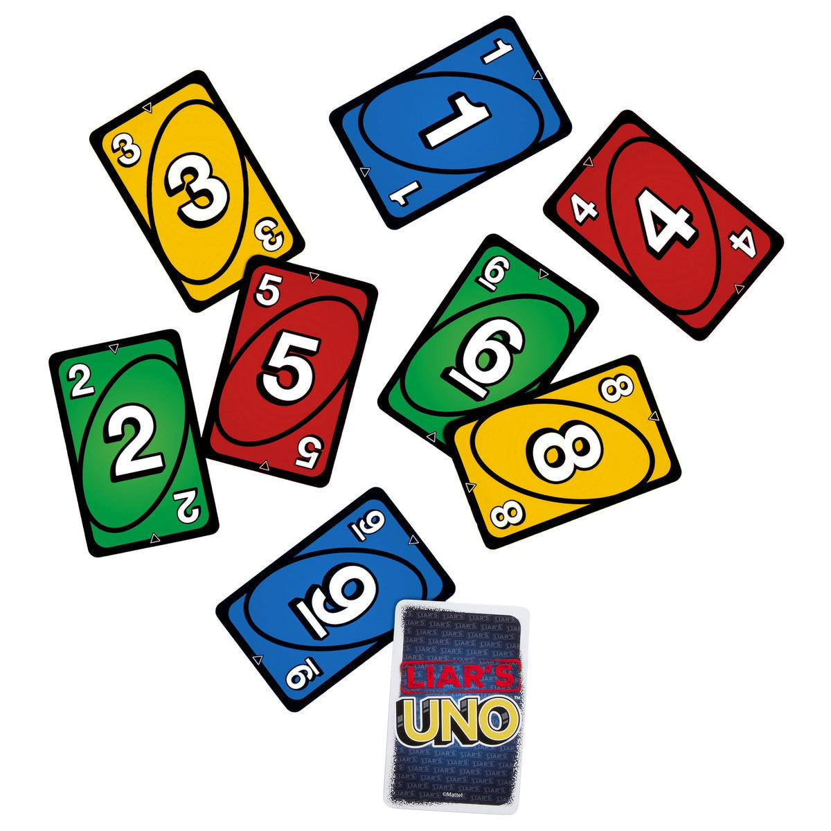 Cartas numeradas de Liar's UNO en cuatro colores junto al reverso de la carta
