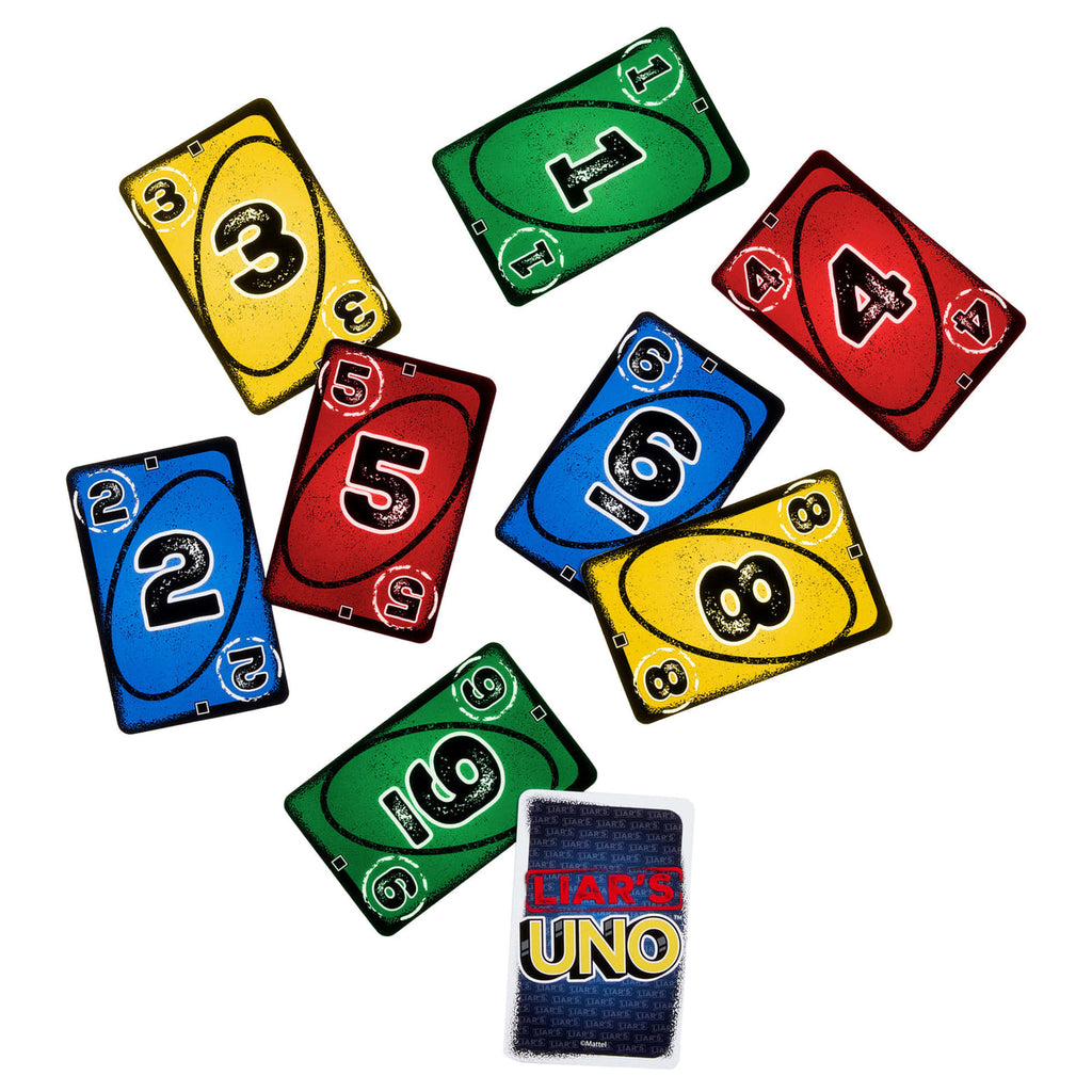 Cartas Liar's UNO con diseño desgastado y reverso con el logo del juego