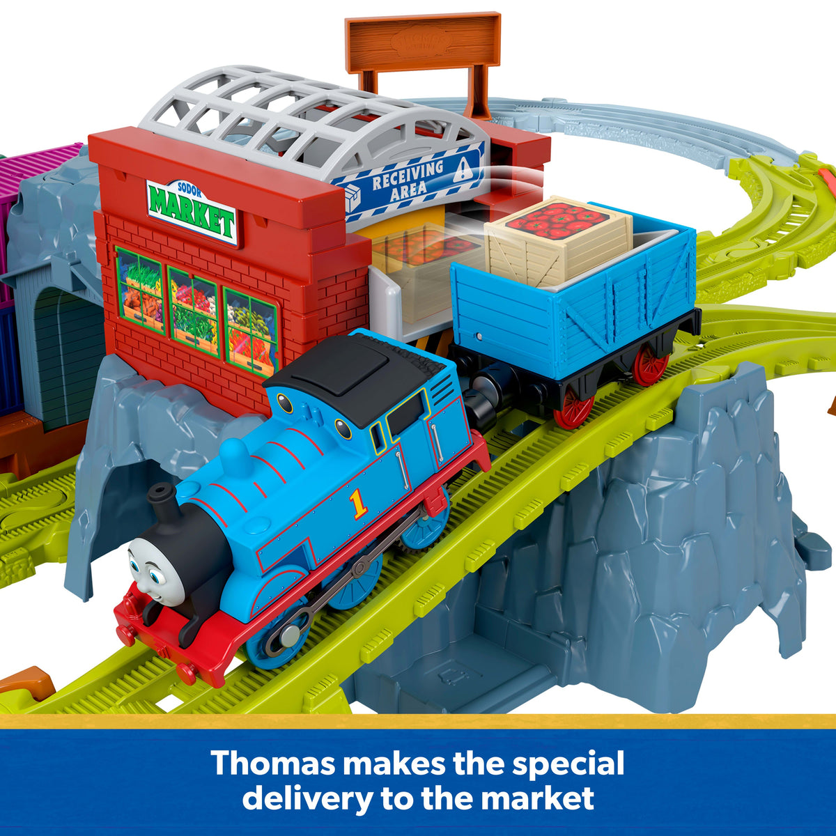 Thomas llegando al mercado con la carga en su vagón