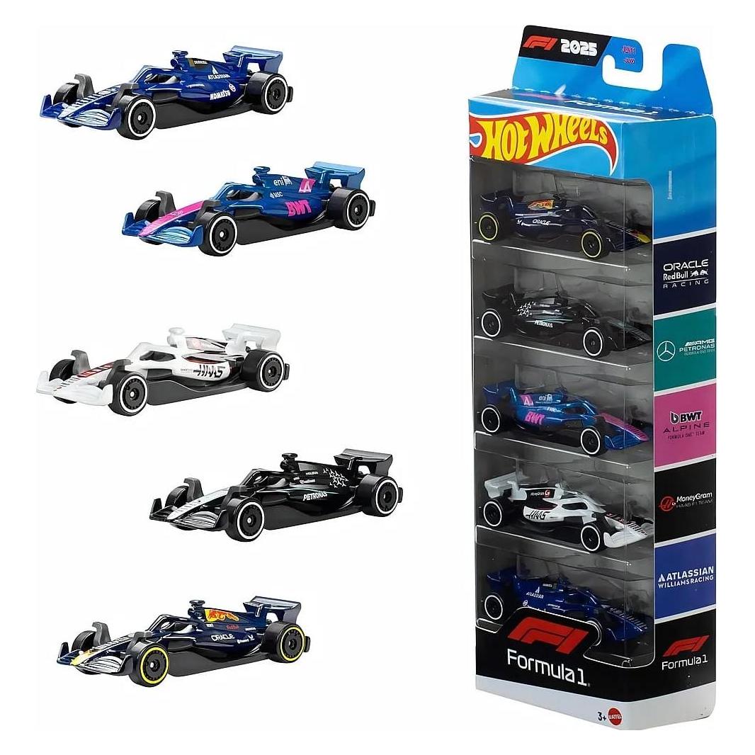 Empaque Hot Wheels Formula 1 con 5 autos y los monoplazas sueltos al lado