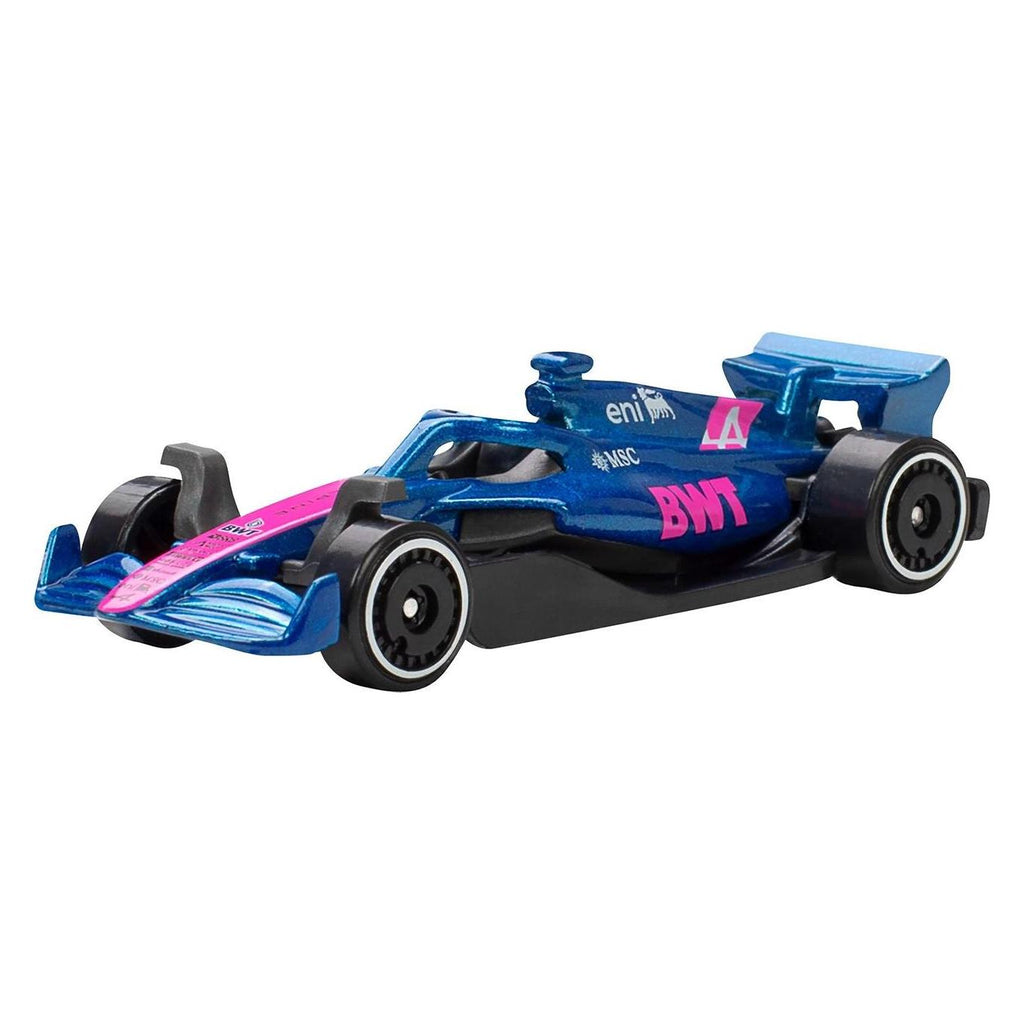 Auto Hot Wheels de Fórmula 1 azul y rosado con decoración Alpine BWT