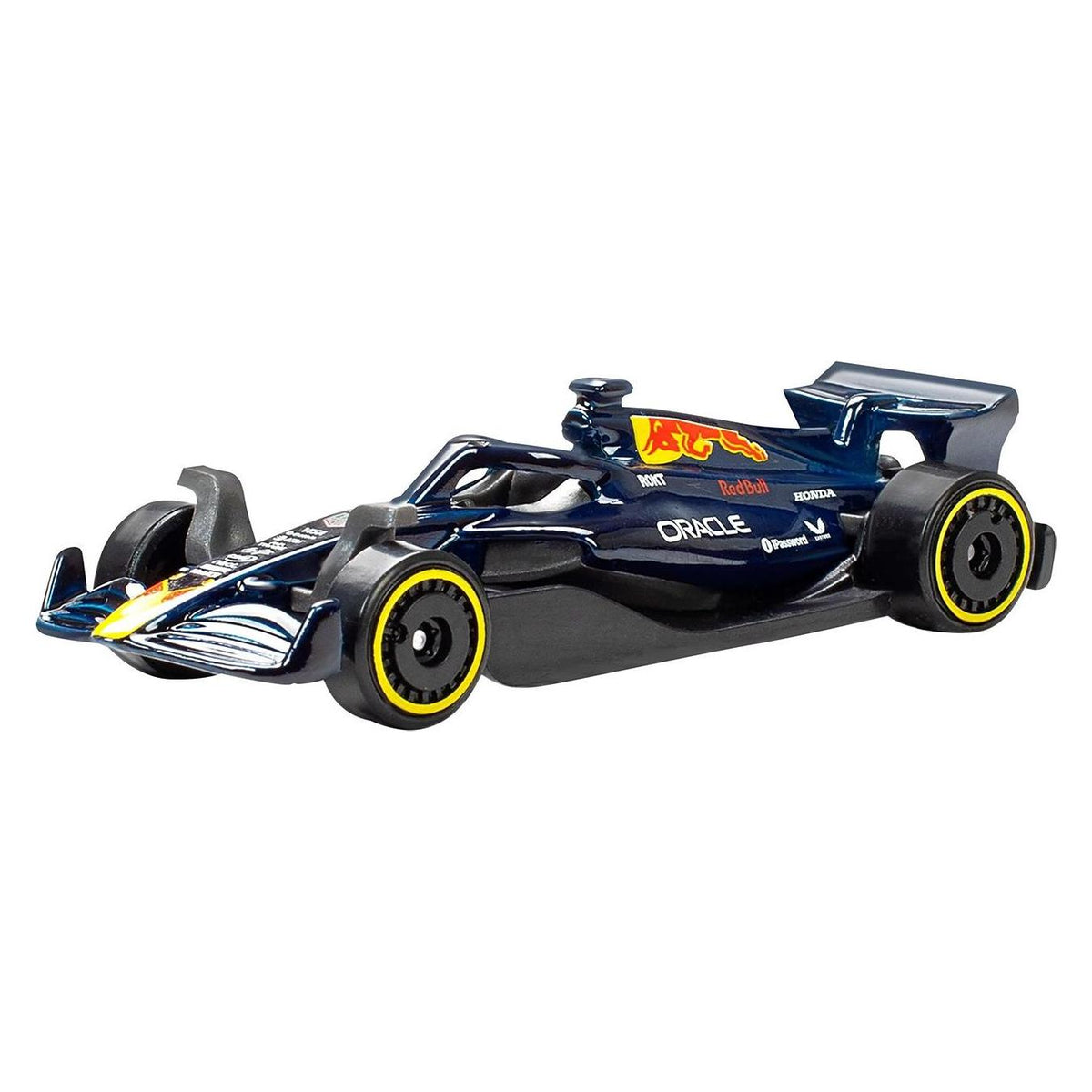 Auto Hot Wheels de Fórmula 1 azul oscuro con decoración Red Bull Racing