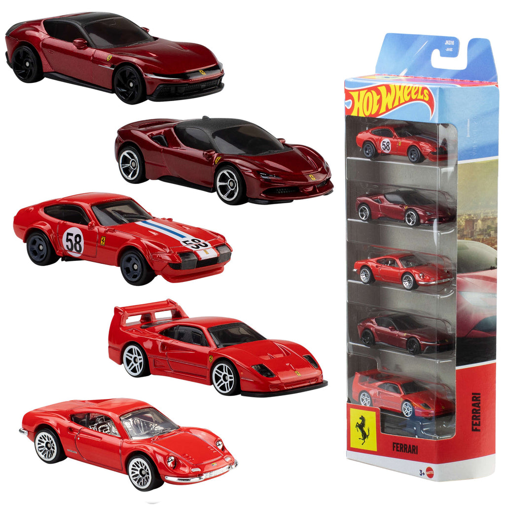 Set Hot Wheels Rosso con 5 autos Ferrari rojos junto a su empaque