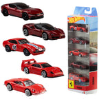 Set Hot Wheels Rosso con 5 autos Ferrari rojos junto a su empaque