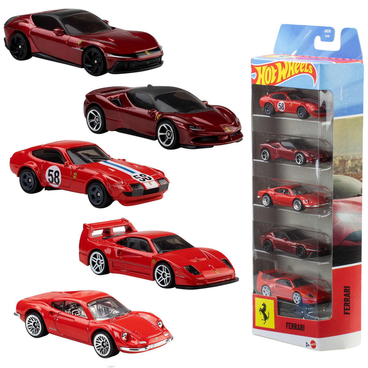 Set Hot Wheels Rosso con 5 autos Ferrari rojos junto a su empaque