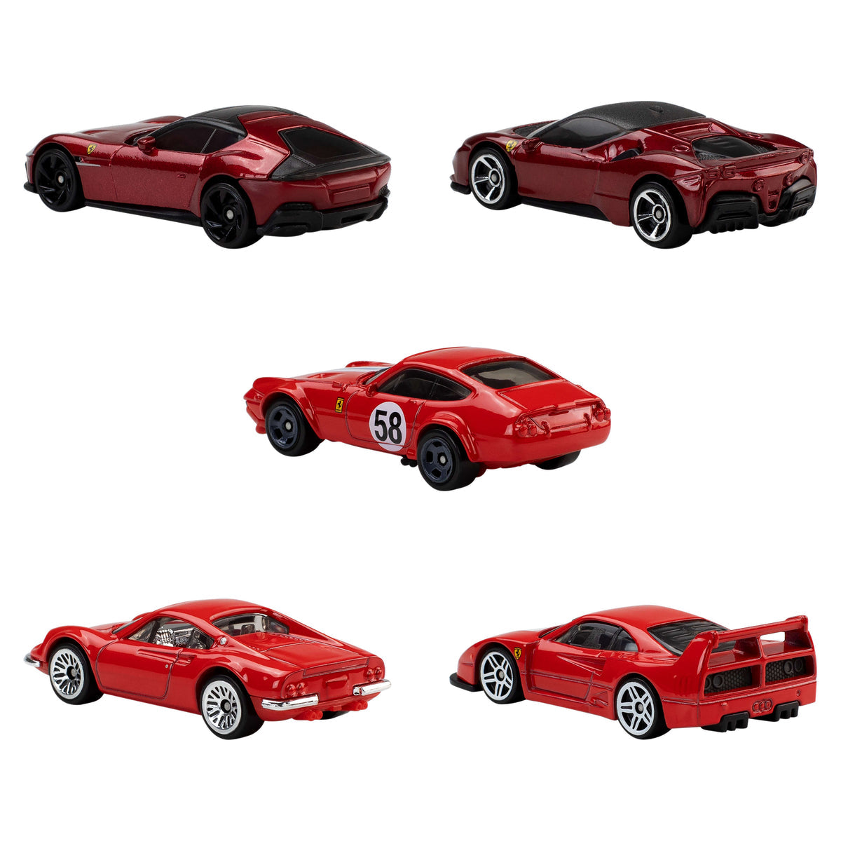 Vista trasera de los 5 autos Ferrari del pack Hot Wheels Rosso