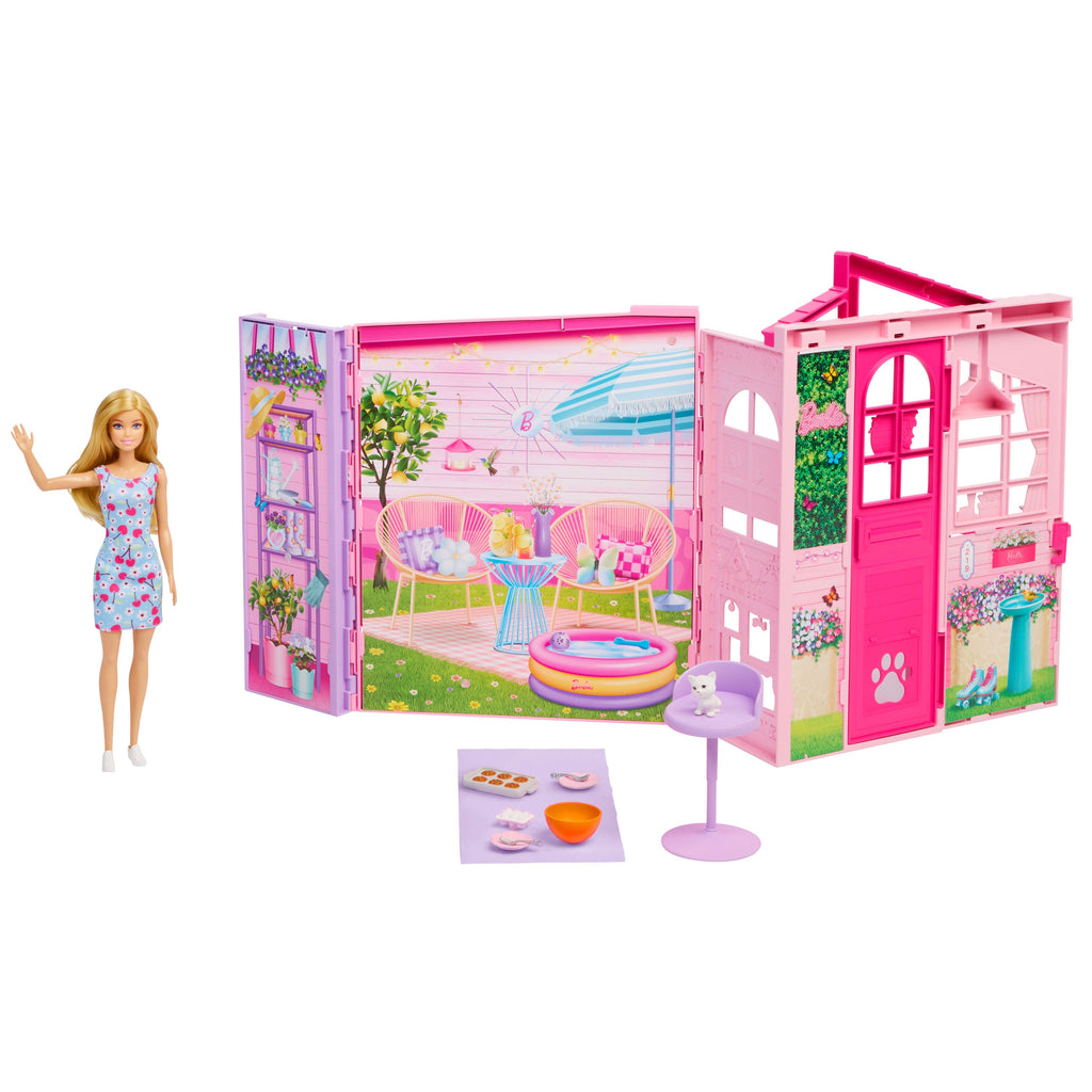 Casa Glam Barbie abierta con muñeca Barbie, gatito y accesorios