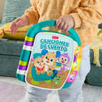 Bebé llevando el libro Fisher-Price tomado de su asa