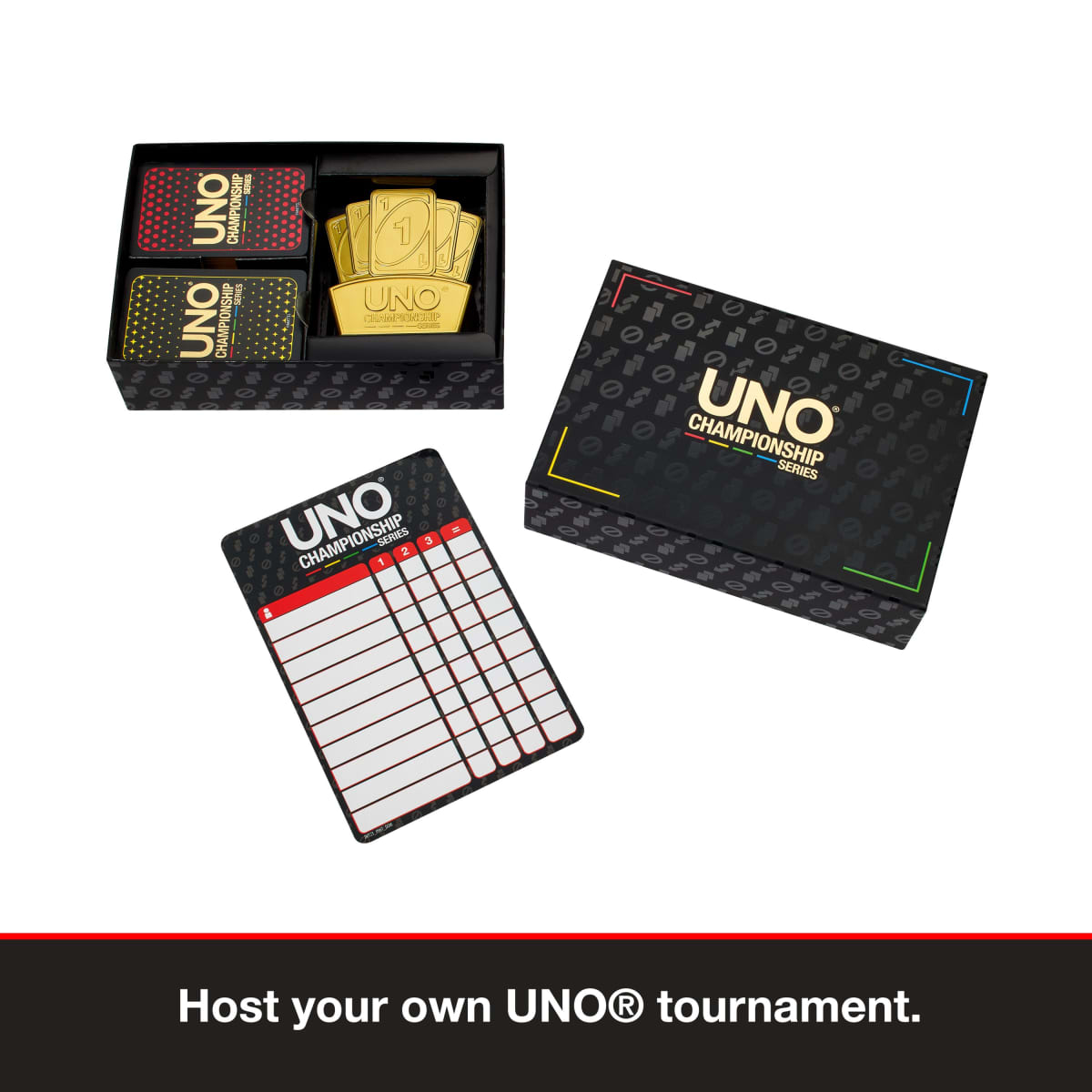 Contenido del set: mazos UNO, trofeo dorado, tablero de puntajes y caja