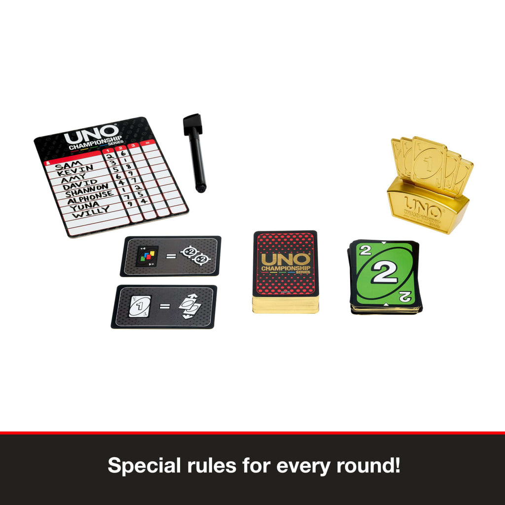 Tablero de puntajes con plumón, cartas de reglas especiales y trofeo dorado