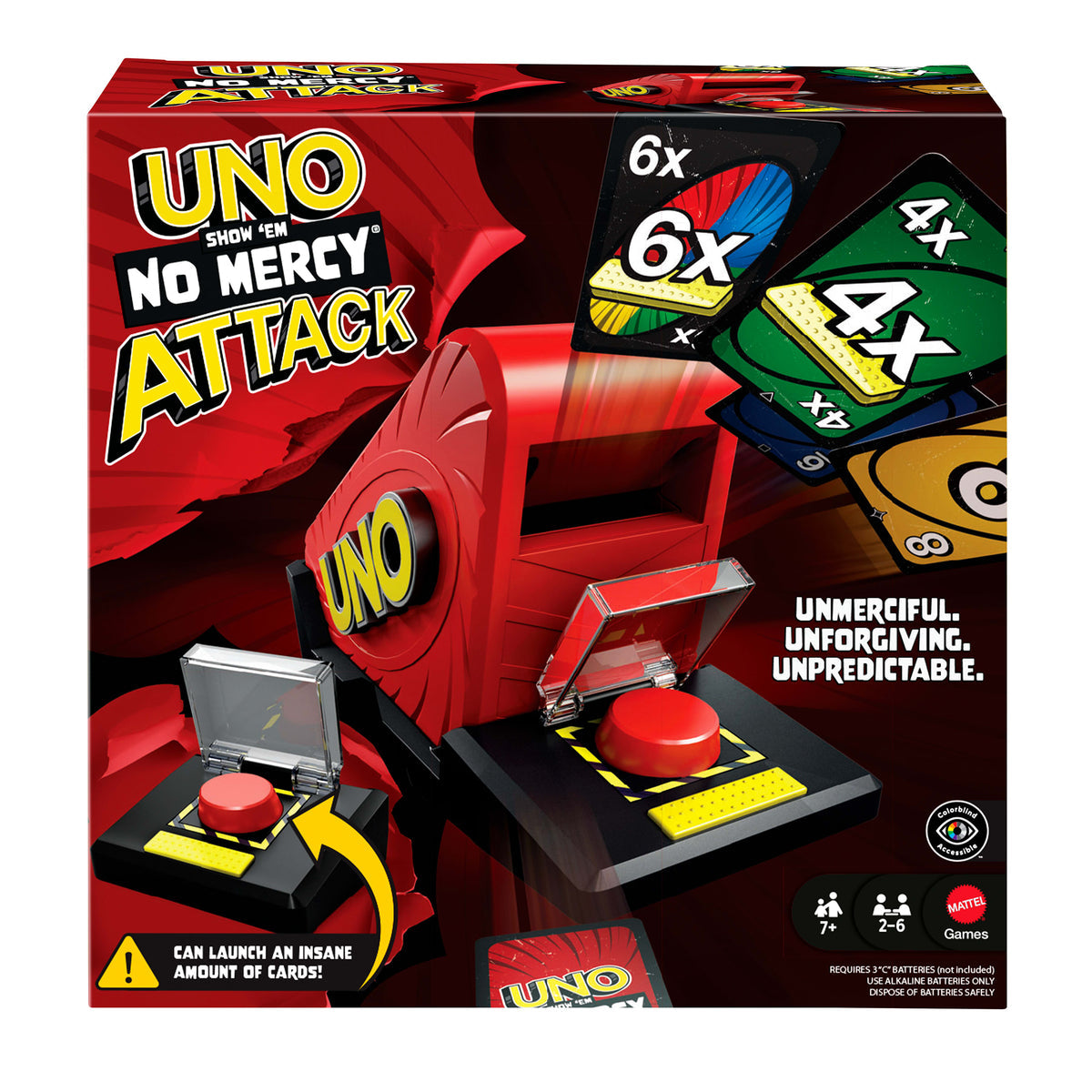 Caja del juego UNO Show 'Em No Mercy Attack con lanzador de cartas rojo y cartas 4x y 6x