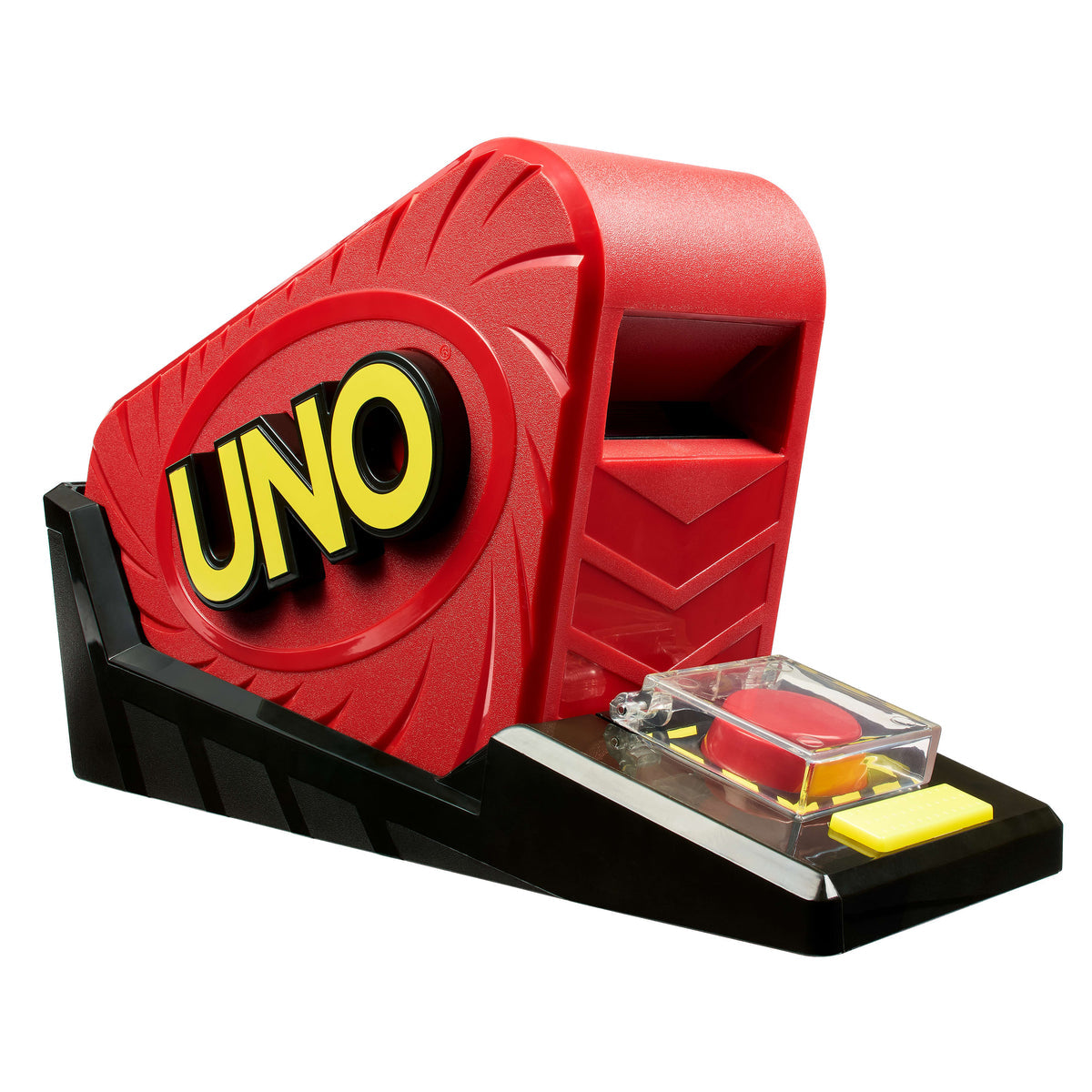 Lanzador de cartas UNO rojo y negro con botón protegido por tapa transparente
