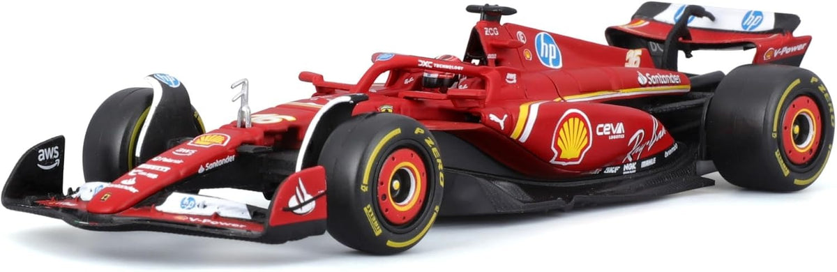 Auto Bburago Ferrari SF-24 2024 #16 Charles Leclerc escala 1:43 con piloto, vista lateral delantera