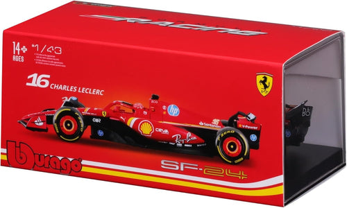Caja Bburago Racing del Ferrari SF-24 #16 Leclerc 1:43 con vitrina acrílica transparente