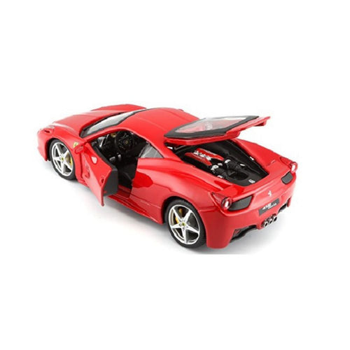 Vista trasera del Ferrari 458 Italia 1:24 con motor a la vista y puertas abiertas