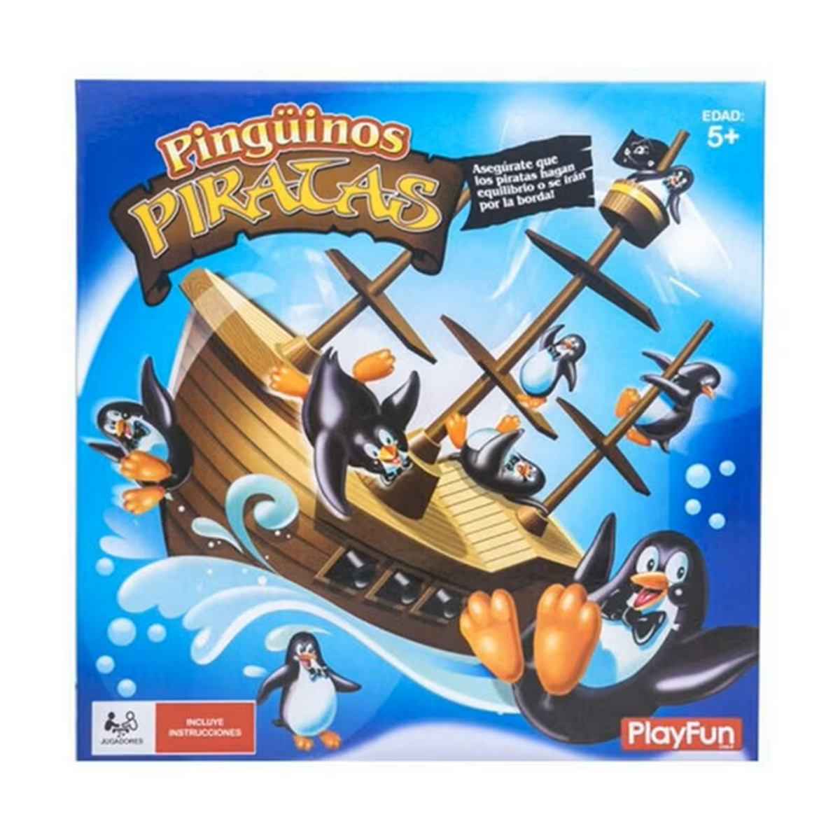 Caja del juego Pingüinos Piratas de PlayFun con barco pirata y pingüinos en equilibrio
