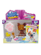 Empaque del set Washy Friends con mascota cubierta de barro, esponja, patito y cepillo