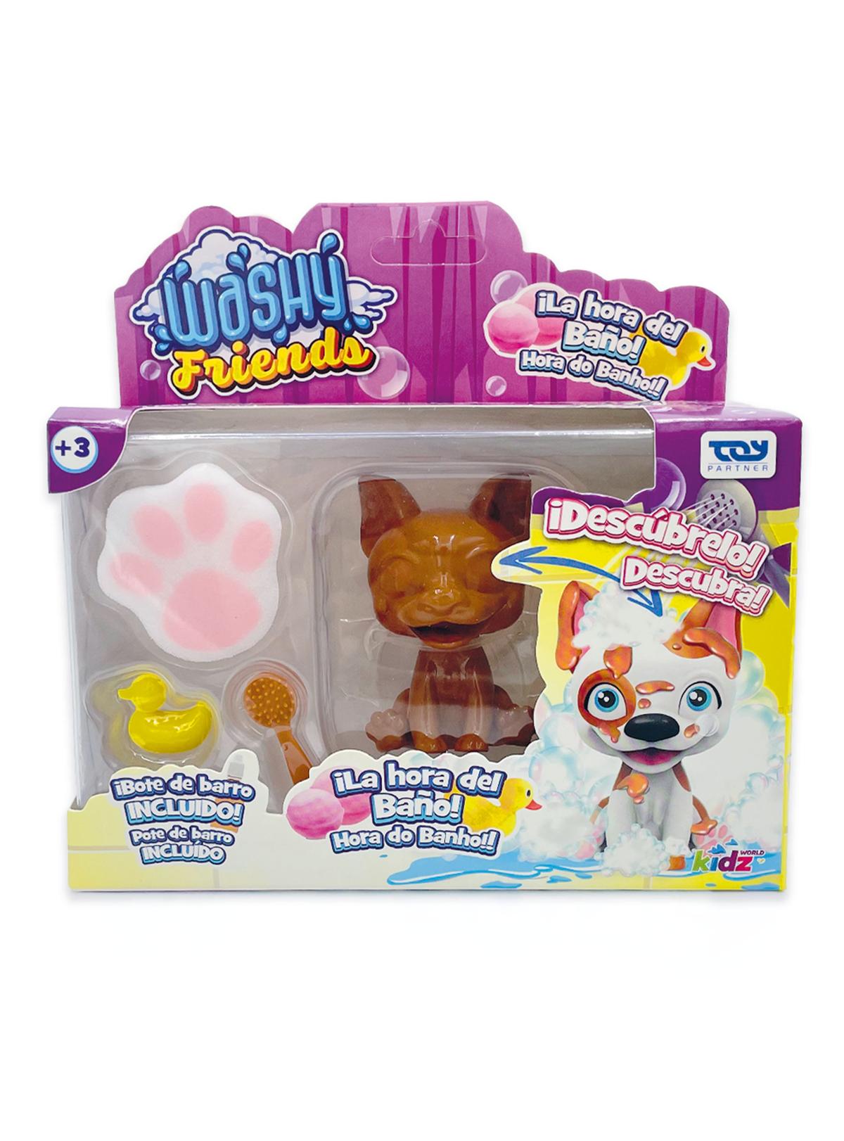 Empaque del set Washy Friends con mascota cubierta de barro, esponja, patito y cepillo
