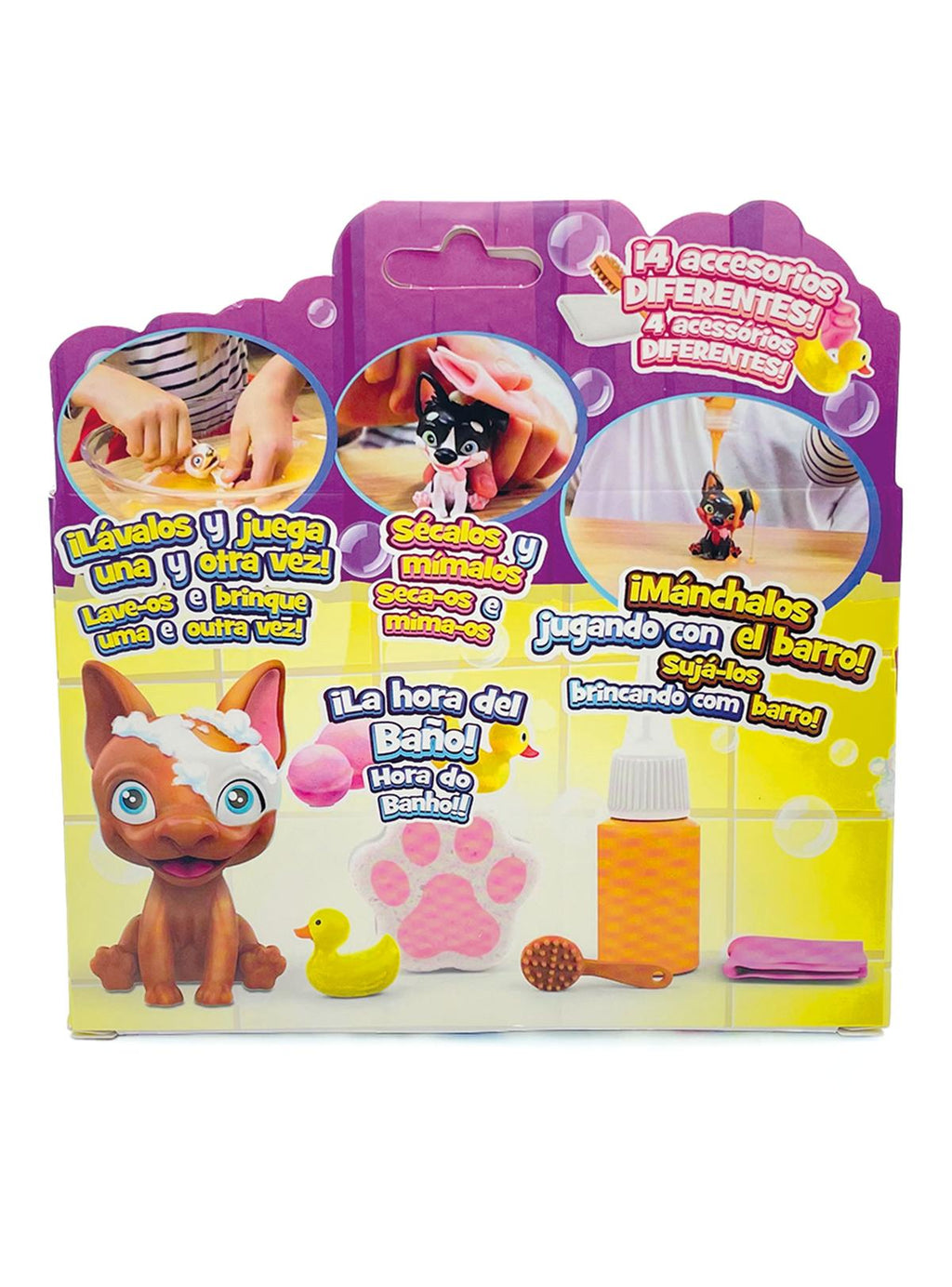 Reverso de la caja Washy Friends con los pasos lavar, secar y manchar con barro