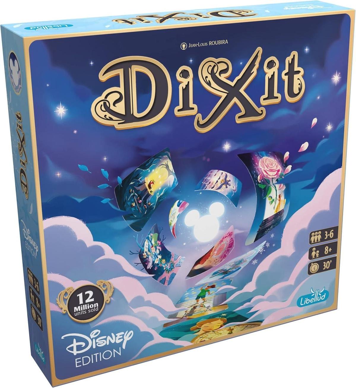 Caja de Dixit Disney Edition con ilustración de cartas sobre nubes y logo de Disney