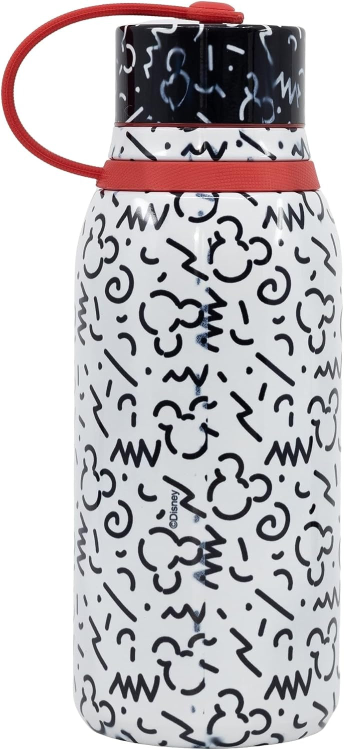 Parte trasera de la botella térmica Mickey Vibes con estampado de garabatos en blanco y negro