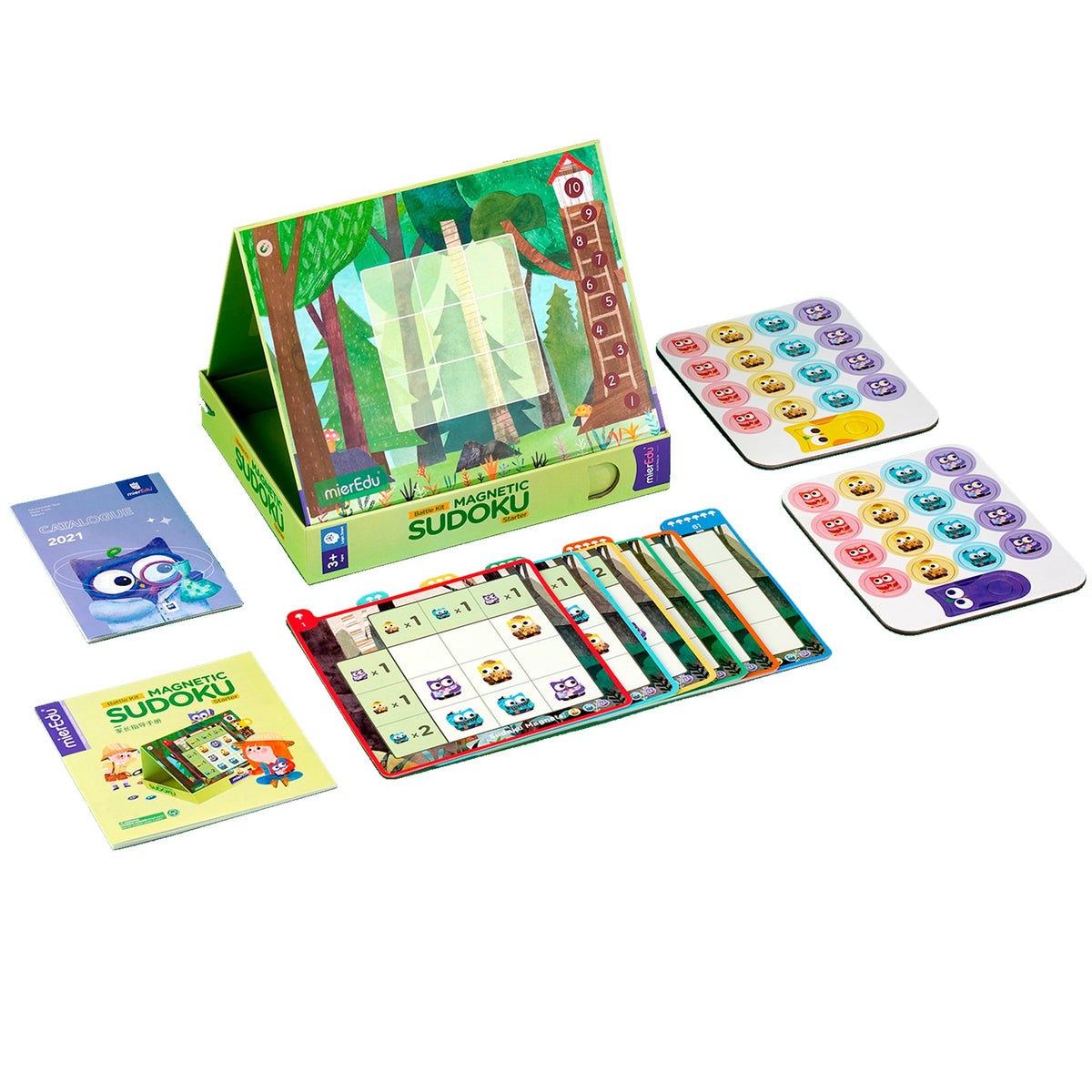 Contenido del sudoku magnético con cuadrículas, imanes de colores y tarjetas de desafío