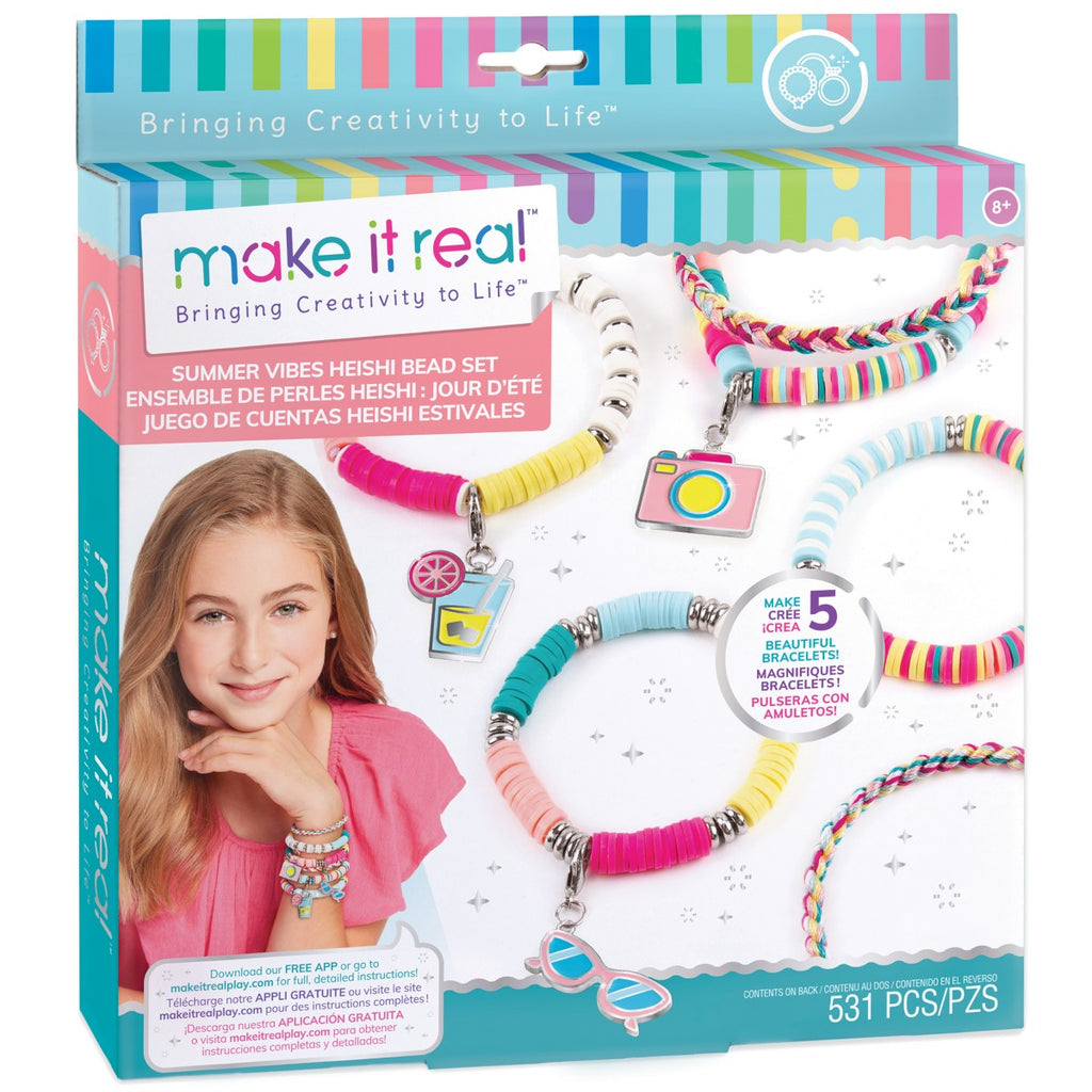 Caja del set Make It Real Summer Vibes Heishi Bead Set de 531 piezas con pulseras de colores