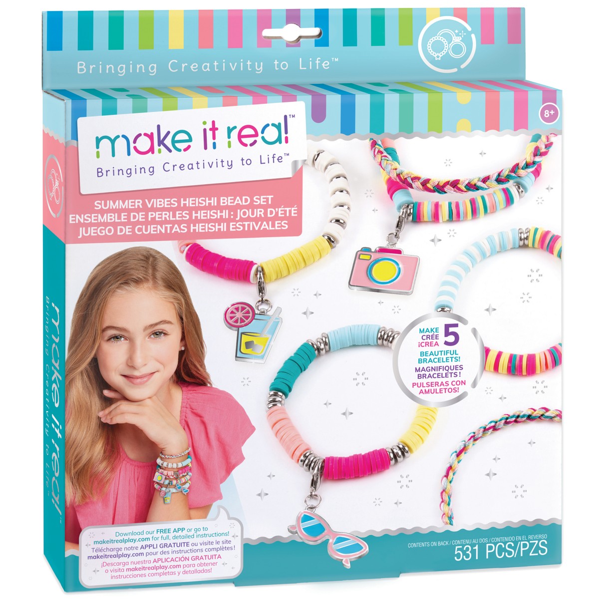 Caja del set Make It Real Summer Vibes Heishi Bead Set de 531 piezas con pulseras de colores