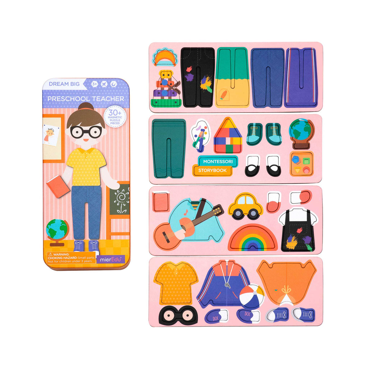 Estuche cerrado junto a todas las piezas magnéticas de ropa y accesorios