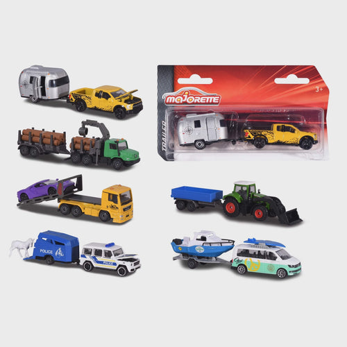 Surtido Majorette Trailer: casa rodante, tractor, grúa, policía y lancha con sus vehículos