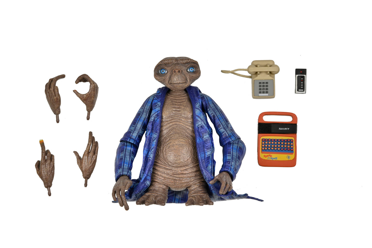 Figura Ultimate Telepathic E.T. de NECA con bata azul, manos intercambiables, teléfono y Speak & Spell
