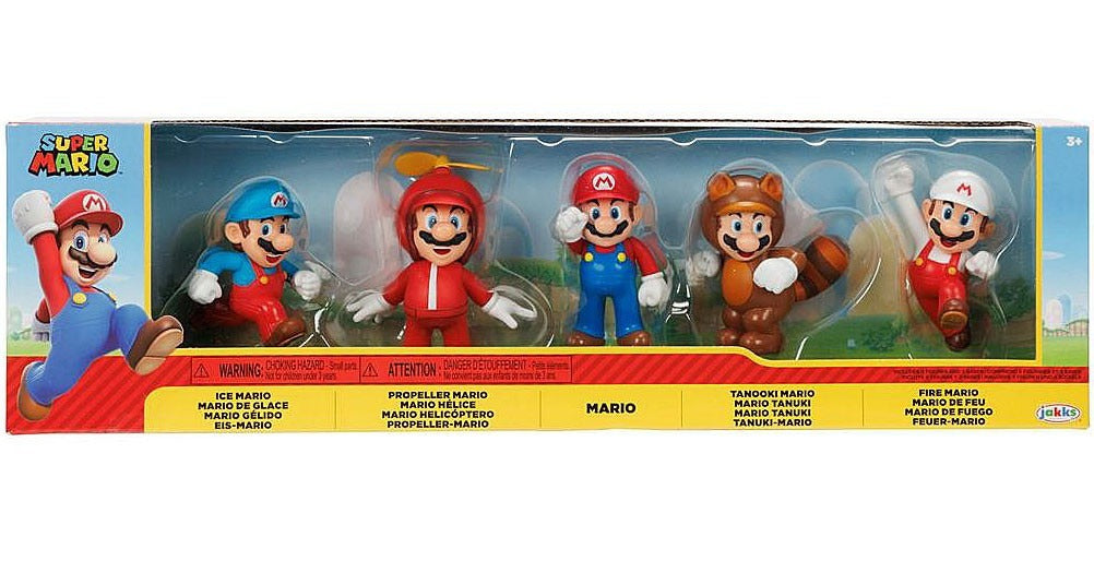 Empaque Jakks Super Mario 5 figuras de 6 cm: Mario de hielo, hélice, Mario, Mario tanuki y Mario de fuego