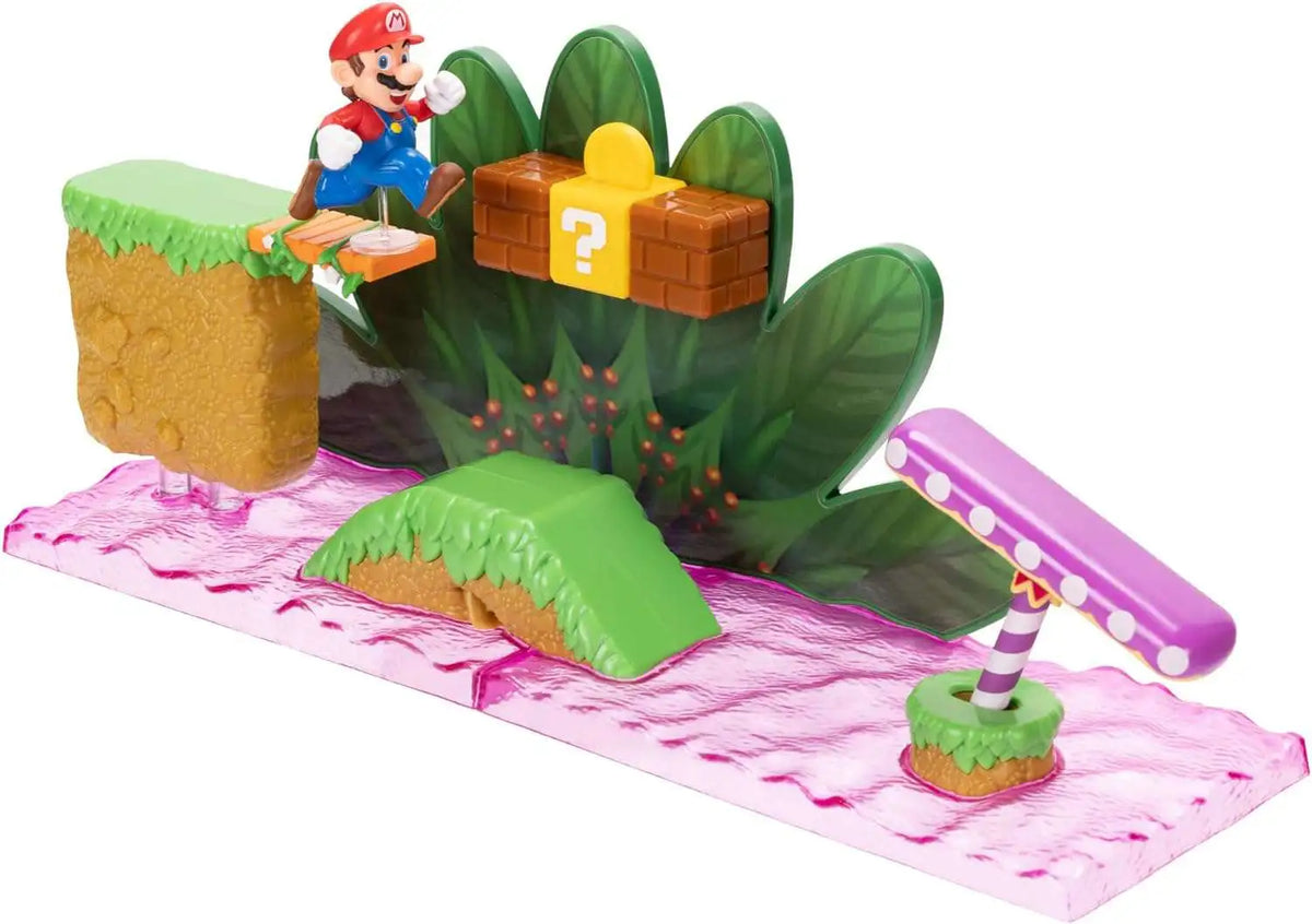 Playset Soda Jungle armado con Mario sobre bloque de pregunta y plataformas
