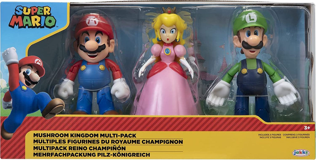 Caja del multipack Mushroom Kingdom con figuras de Mario, Peach y Luigi de Super Mario