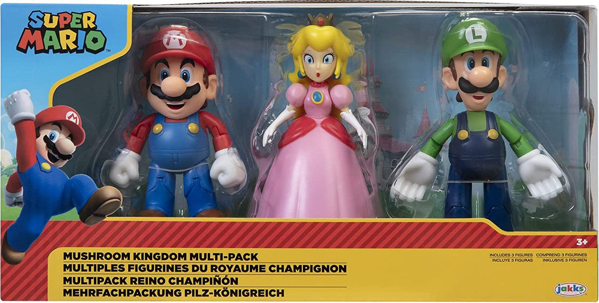 Caja del multipack Mushroom Kingdom con figuras de Mario, Peach y Luigi de Super Mario